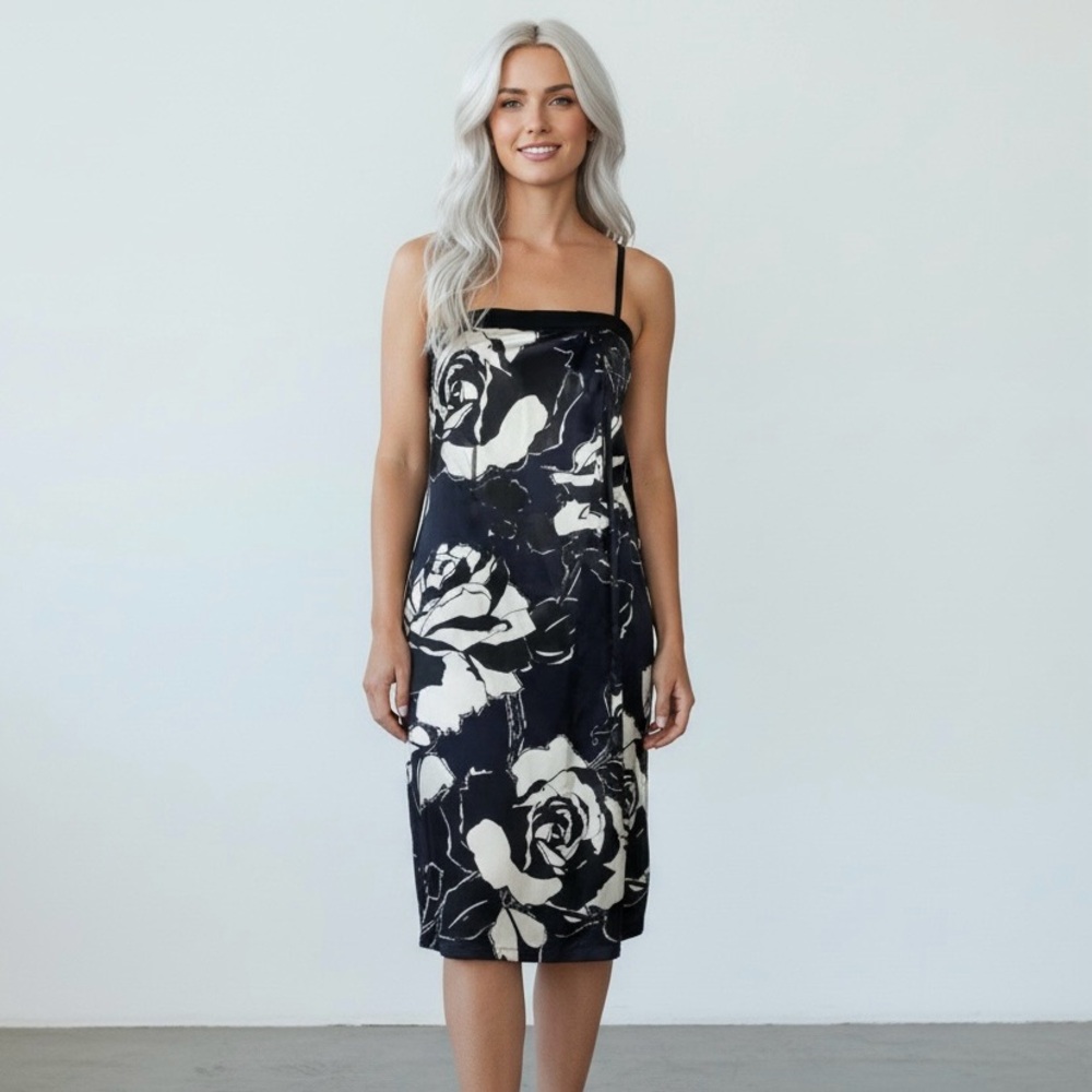 Steve Madden Silk Spaghetti Strap Black Blue Cream Midi Cocktail Dress